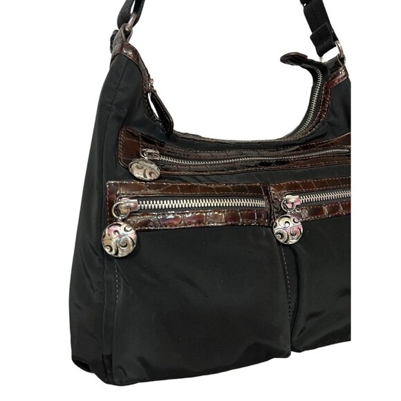 Brighton Crossbody Bag Black Nylon Brown Croc Patent Leather Pockets - Picture 3 of 16